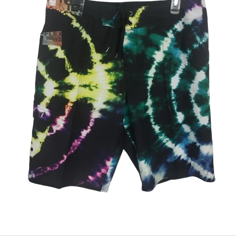 Hang Ten Mens Four Way Stretch Swim Shorts Size 34 Black Tie‎ Dye